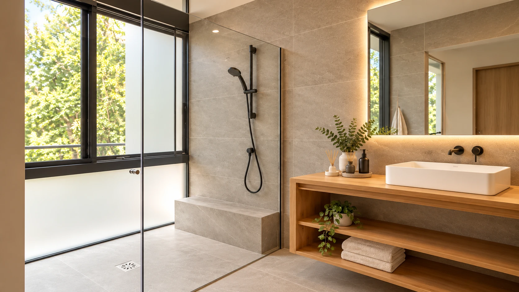 Baño remodelado con ducha acristalada y vanity de madera