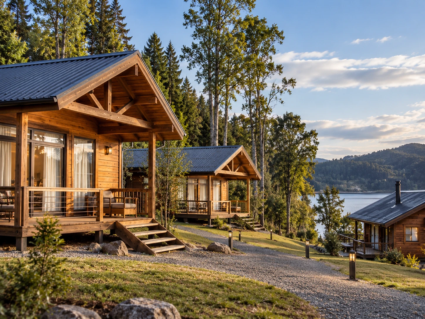 Conjunto de cabañas de madera junto al lago