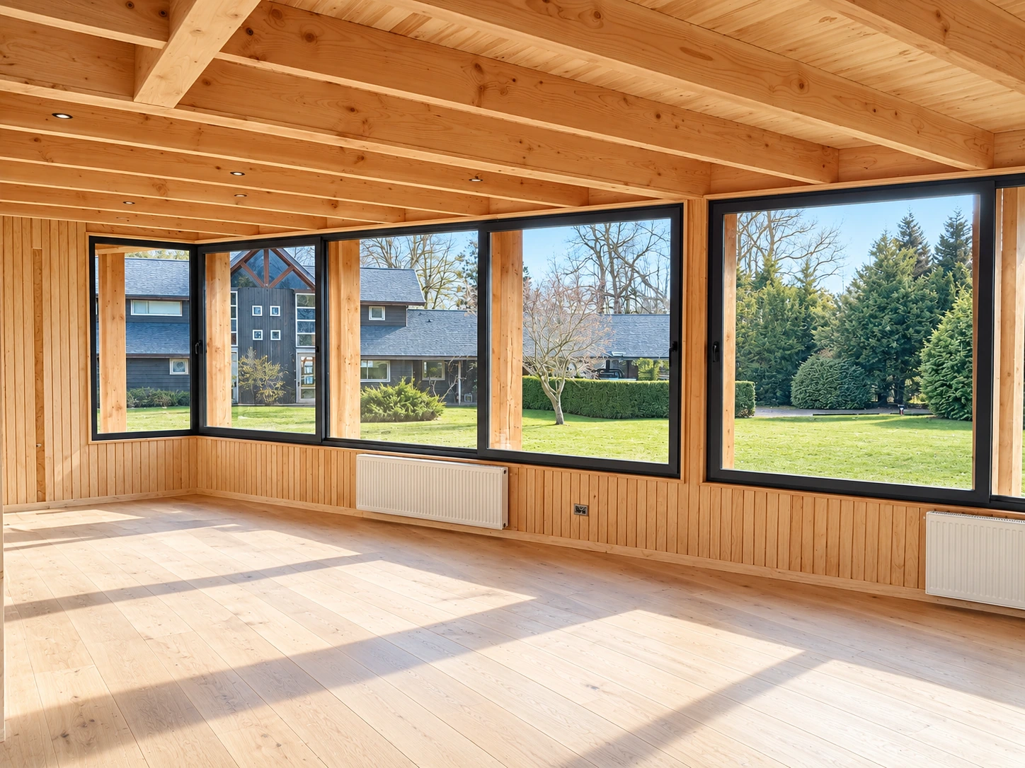 Interior terminado con cielos y marcos de madera y amplios ventanales