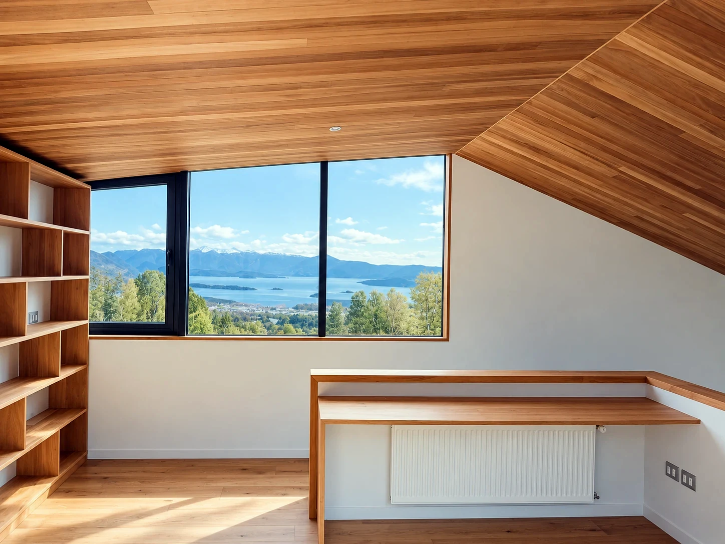 Altillo interior terminado en madera con escritorio integrado y ventana panorámica