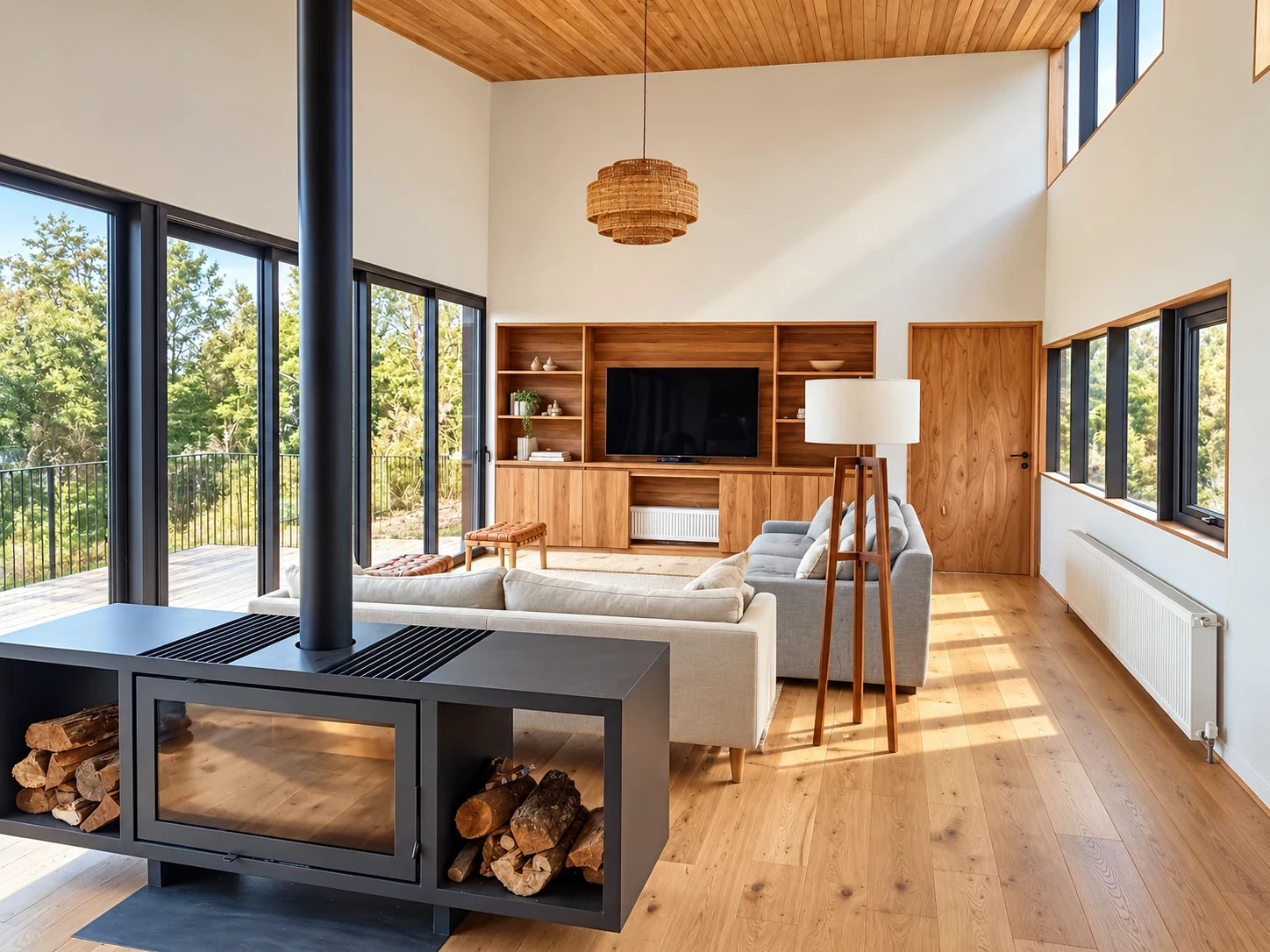 Sala de estar terminada con chimenea central, piso de madera y grandes ventanales